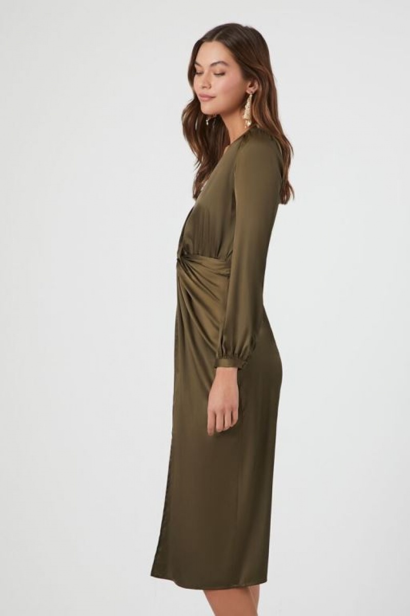 Vestido Forever 21 Satin Twist Front Midi Mujer Verde Oliva | 8jU8o3mHaRS