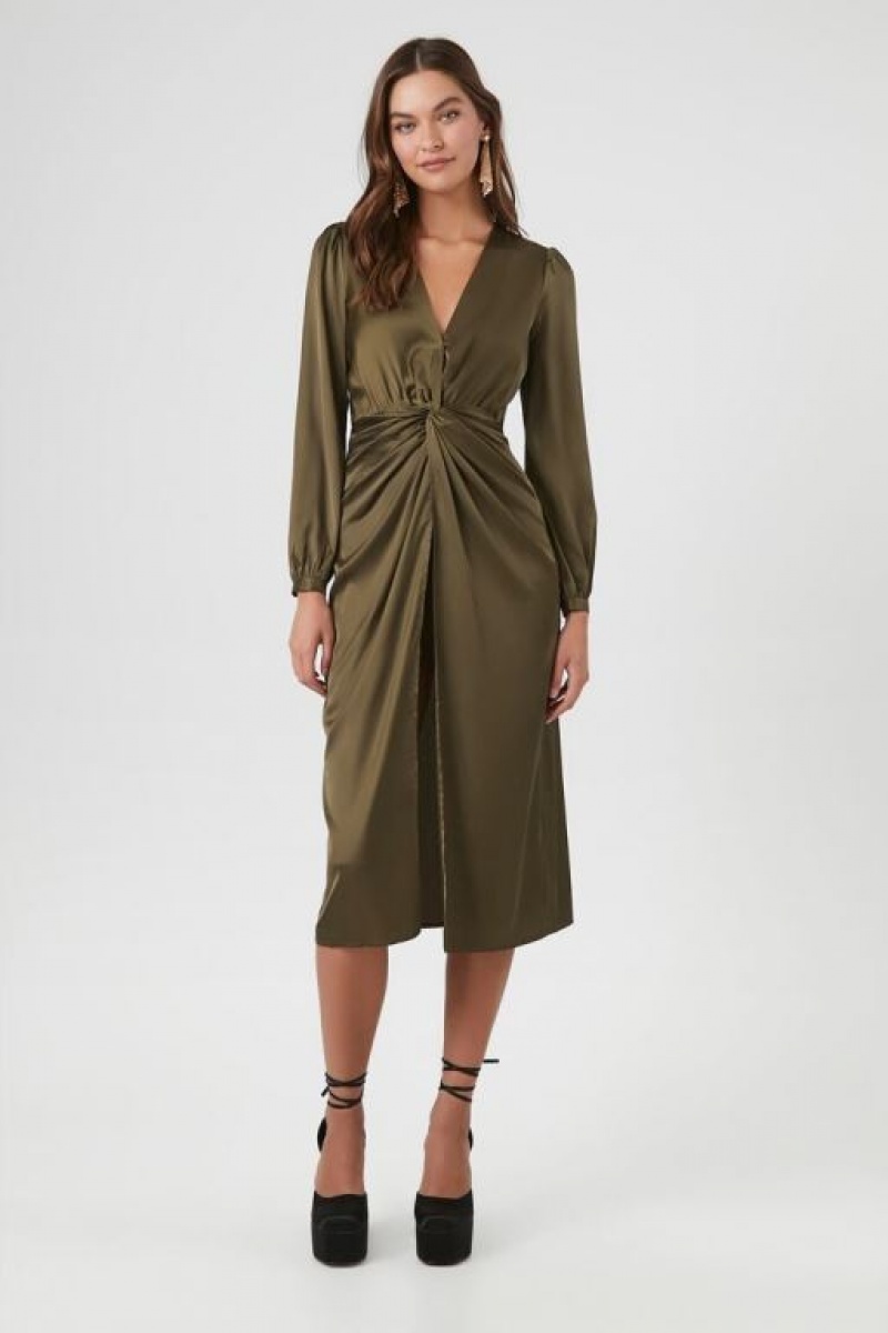 Vestido Forever 21 Satin Twist Front Midi Mujer Verde Oliva | 8jU8o3mHaRS