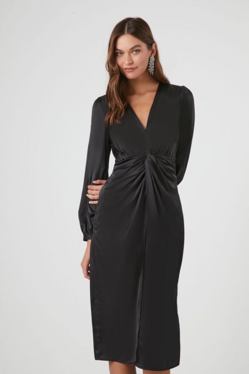 Vestido Forever 21 Satin Twist Front Midi Mujer Negras | DZwLP2DdvSy