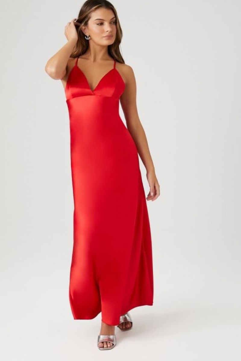 Vestido Forever 21 Satin V Neck Maxi Slip Mujer Rojas | EypMmnDufJ5