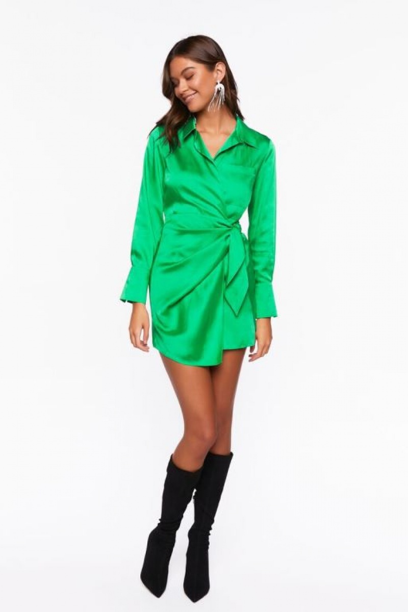 Vestido Forever 21 Satin Wrap Mini Mujer Verde | ArhlTplZkKU