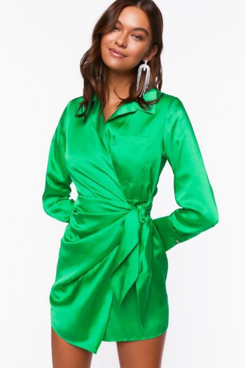 Vestido Forever 21 Satin Wrap Mini Mujer Verde | ArhlTplZkKU