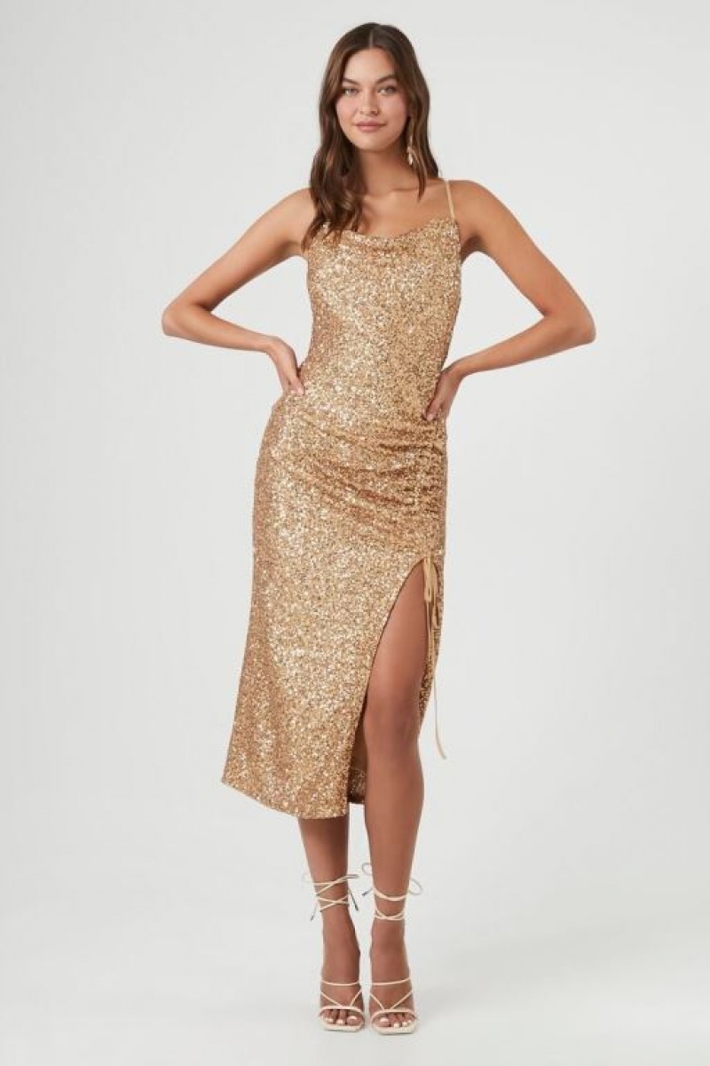 Vestido Forever 21 Sequin Cowl Slit Midi Mujer Doradas | nIbWFUkXfay