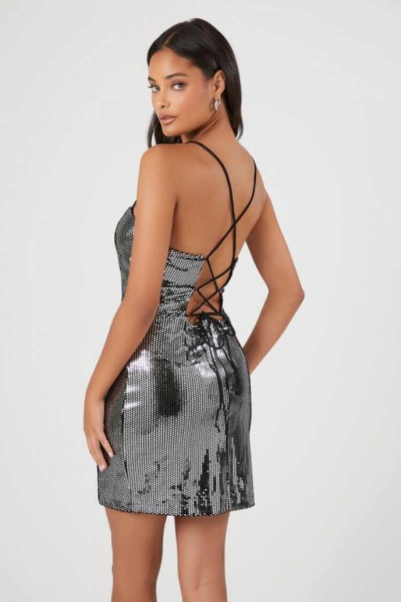 Vestido Forever 21 Sequin Crisscross Bodycon Mujer Negras Plateadas | sG78ldlrJkP