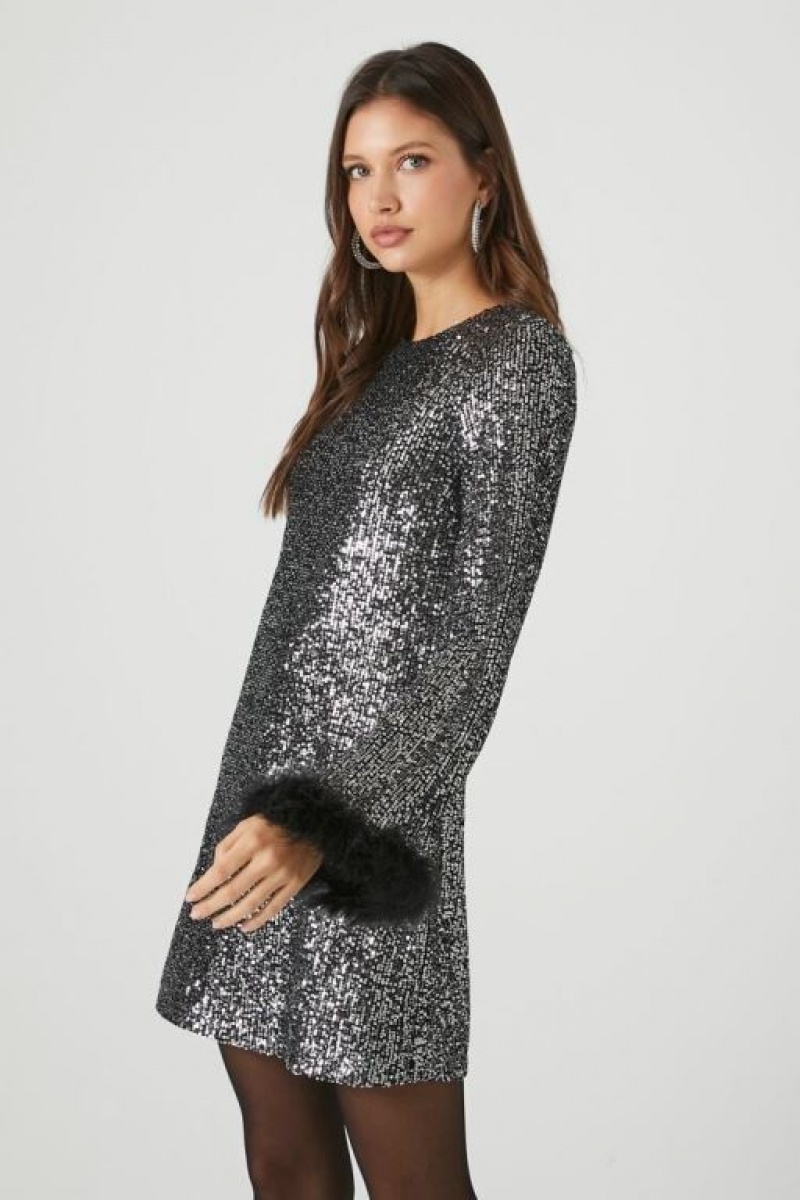 Vestido Forever 21 Sequin Faux Feather Trim Mini Mujer Negras Plateadas | k57PahtRN91