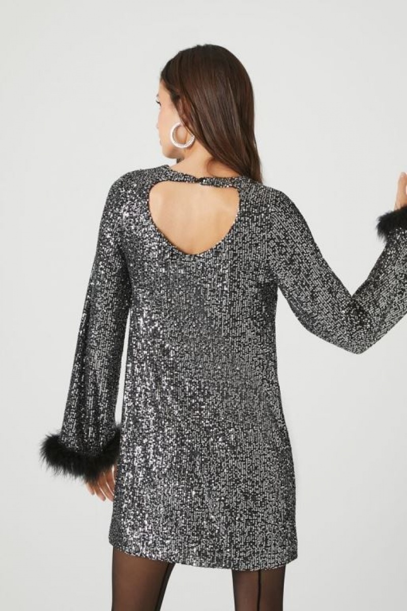 Vestido Forever 21 Sequin Faux Feather Trim Mini Mujer Negras Plateadas | k57PahtRN91