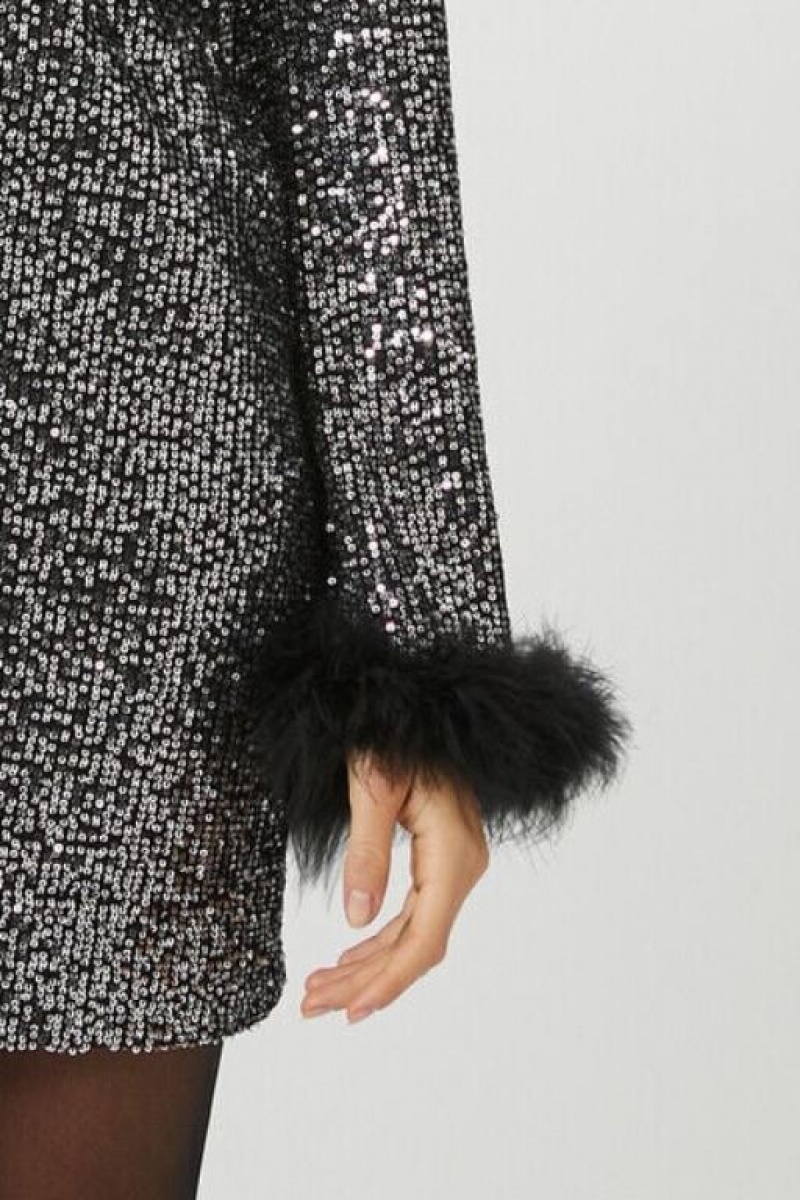 Vestido Forever 21 Sequin Faux Feather Trim Mini Mujer Negras Plateadas | k57PahtRN91