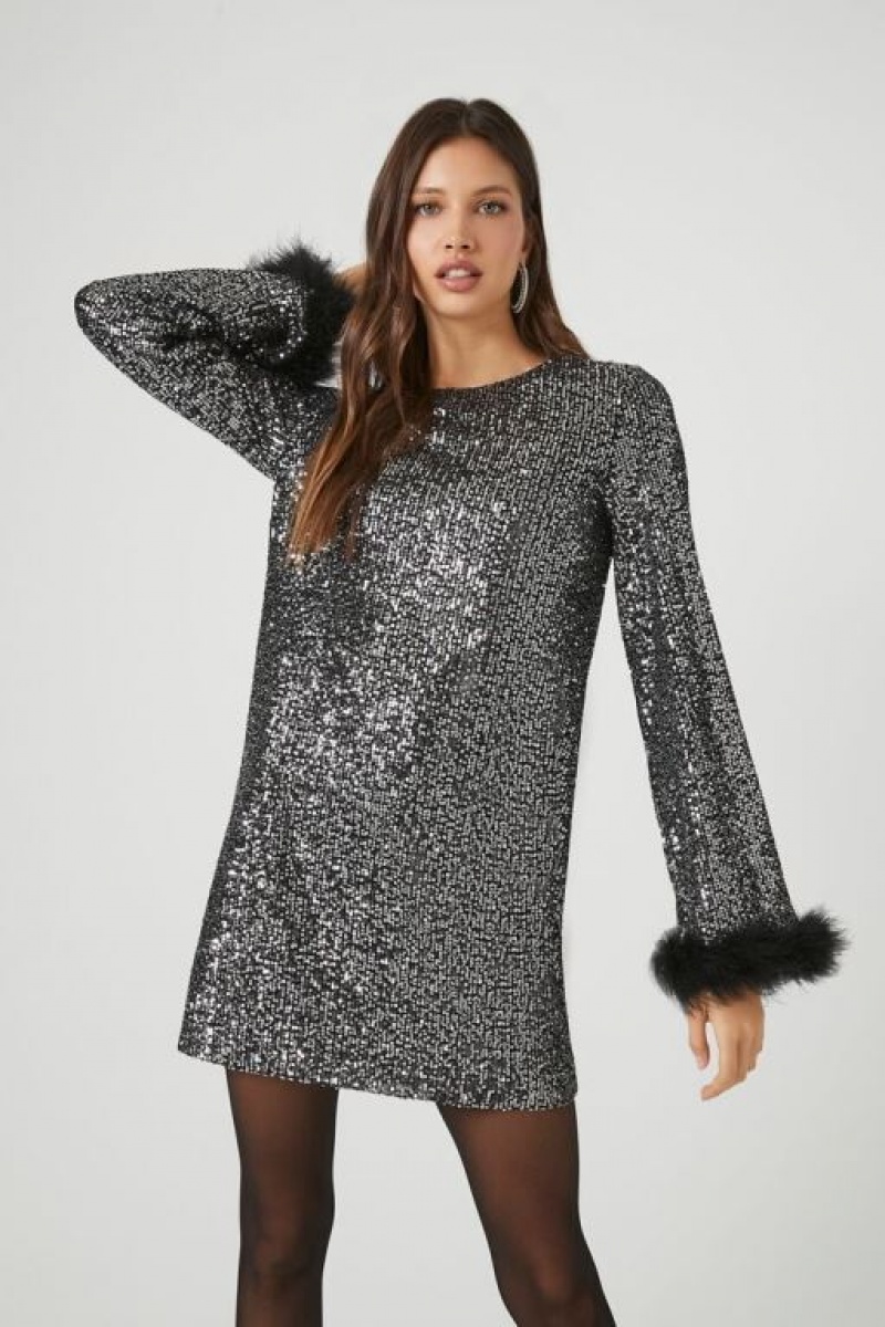 Vestido Forever 21 Sequin Faux Feather Trim Mini Mujer Negras Plateadas | k57PahtRN91