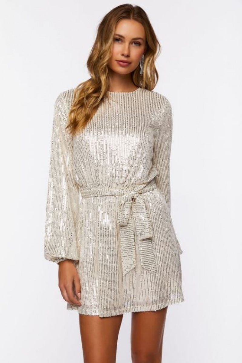 Vestido Forever 21 Sequin Long Sleeve Mini Mujer Champagne | 8pSWWdmlPqu