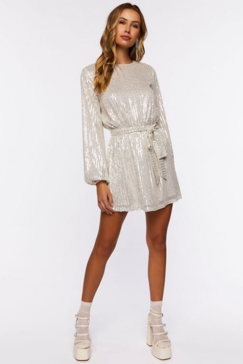 Vestido Forever 21 Sequin Long Sleeve Mini Mujer Champagne | 8pSWWdmlPqu