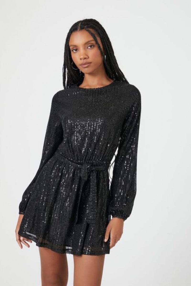 Vestido Forever 21 Sequin Long Sleeve Mini Mujer Negras | PBRANTg4lvu