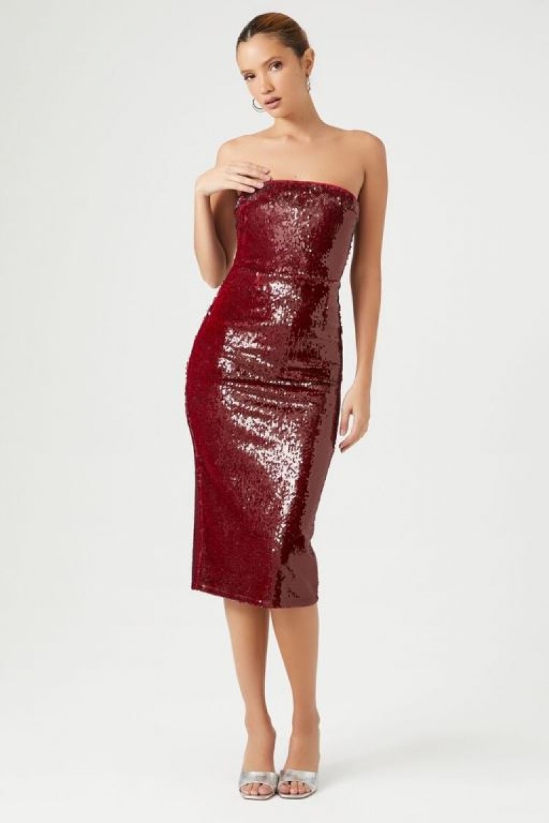 Vestido Forever 21 Sequin Midi Tube Mujer Burdeos | 4AdSRpAMVU4