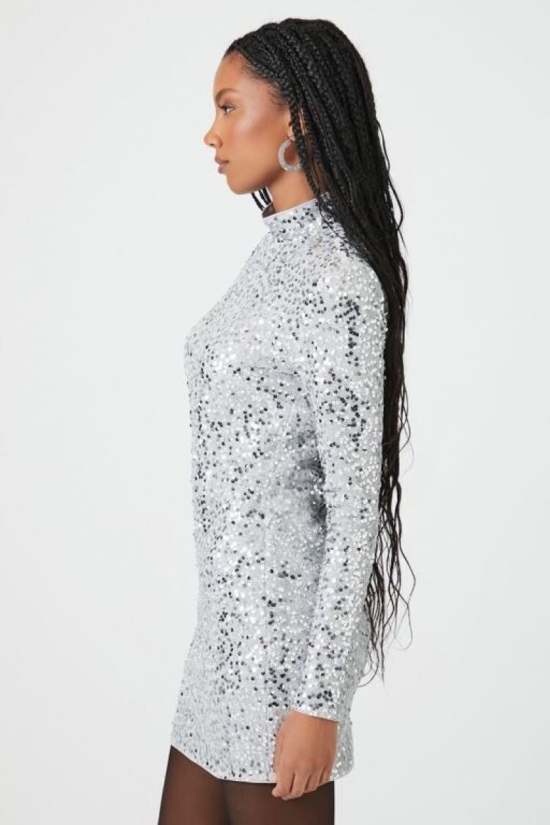 Vestido Forever 21 Sequin Mock Neck Mini Mujer Plateadas | M1KFfsbLDXb