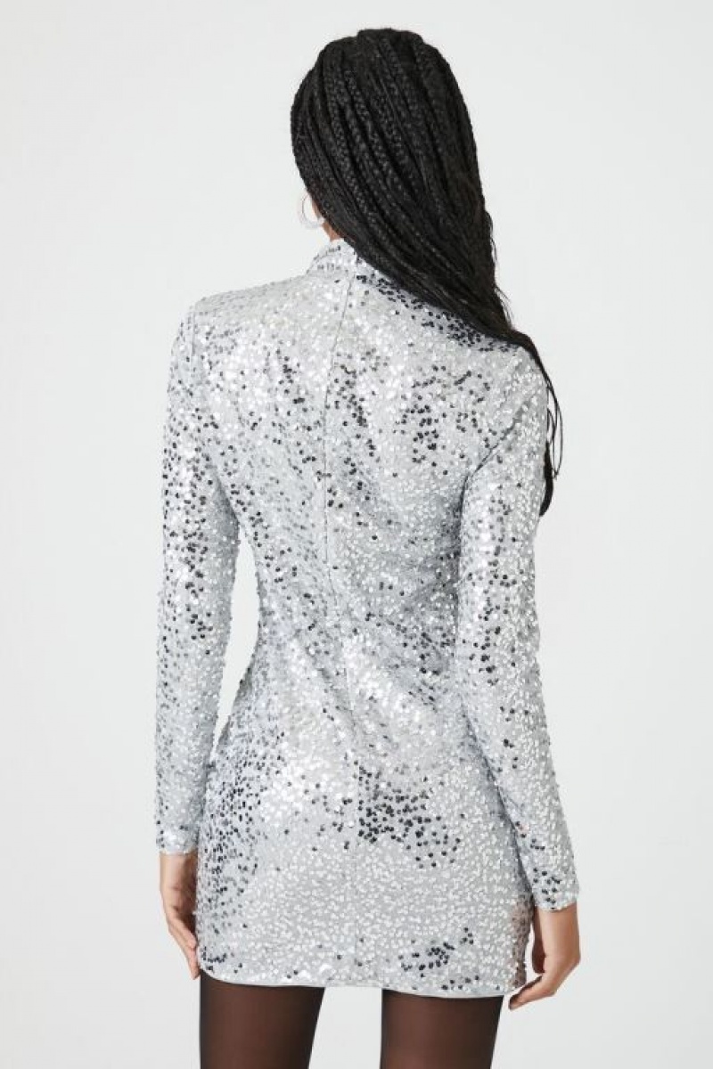 Vestido Forever 21 Sequin Mock Neck Mini Mujer Plateadas | M1KFfsbLDXb