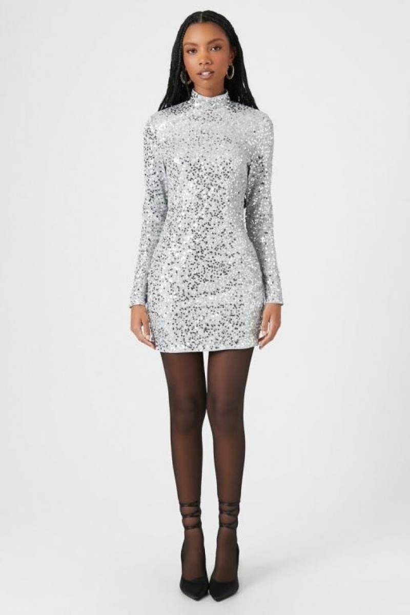 Vestido Forever 21 Sequin Mock Neck Mini Mujer Plateadas | M1KFfsbLDXb