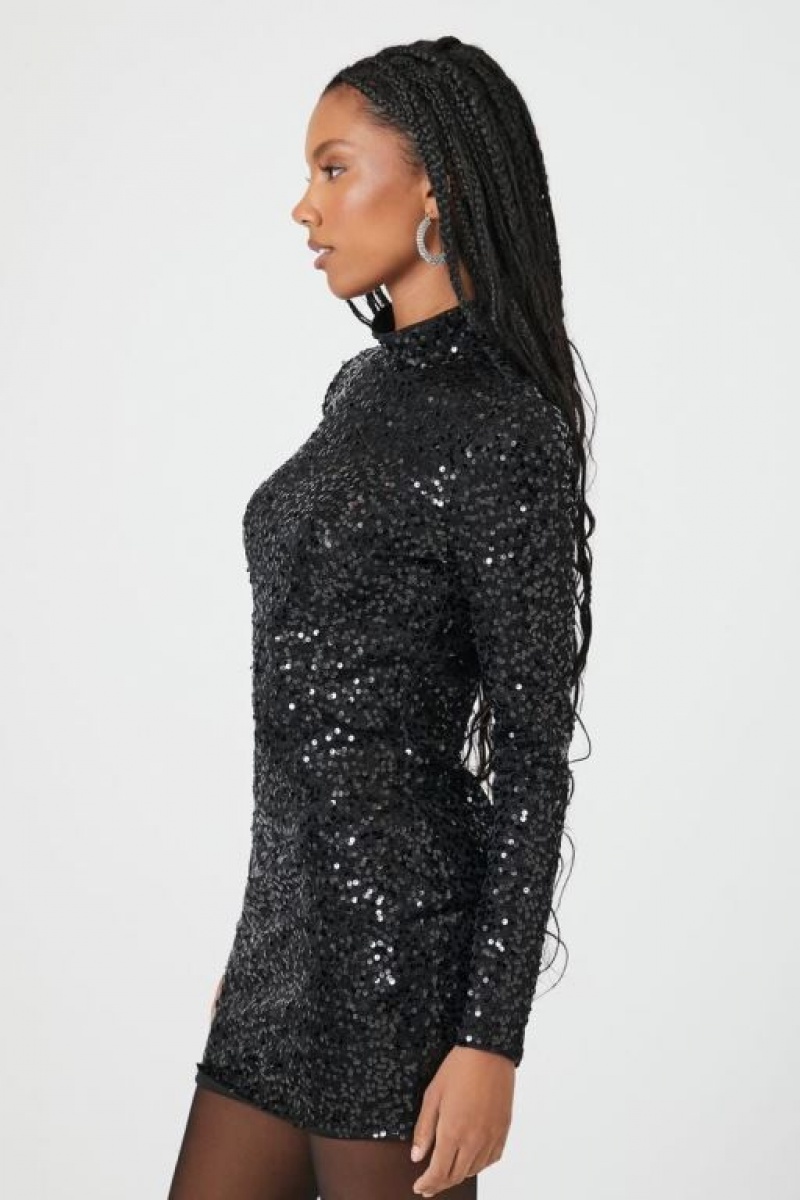 Vestido Forever 21 Sequin Mock Neck Mini Mujer Negras | yNItpkQvpJL