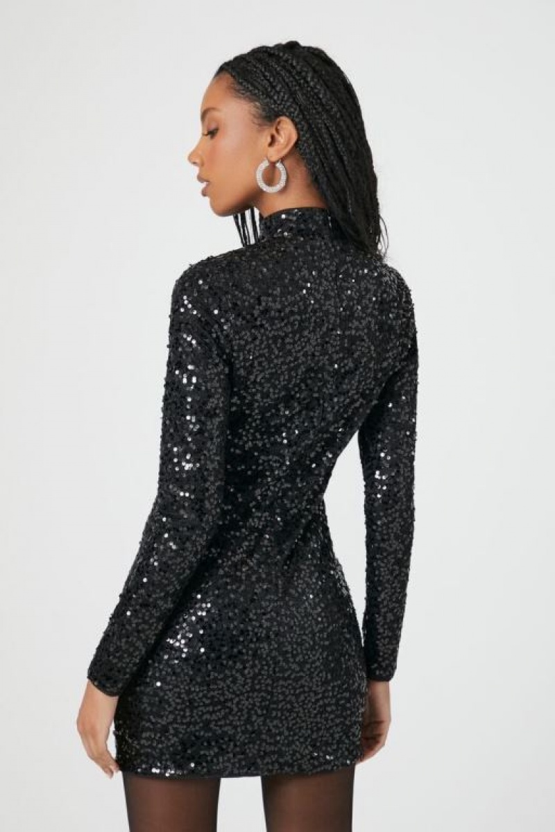 Vestido Forever 21 Sequin Mock Neck Mini Mujer Negras | yNItpkQvpJL