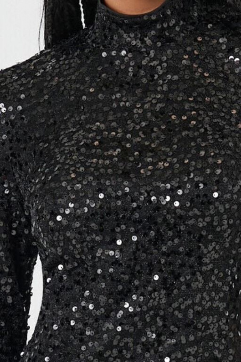 Vestido Forever 21 Sequin Mock Neck Mini Mujer Negras | yNItpkQvpJL