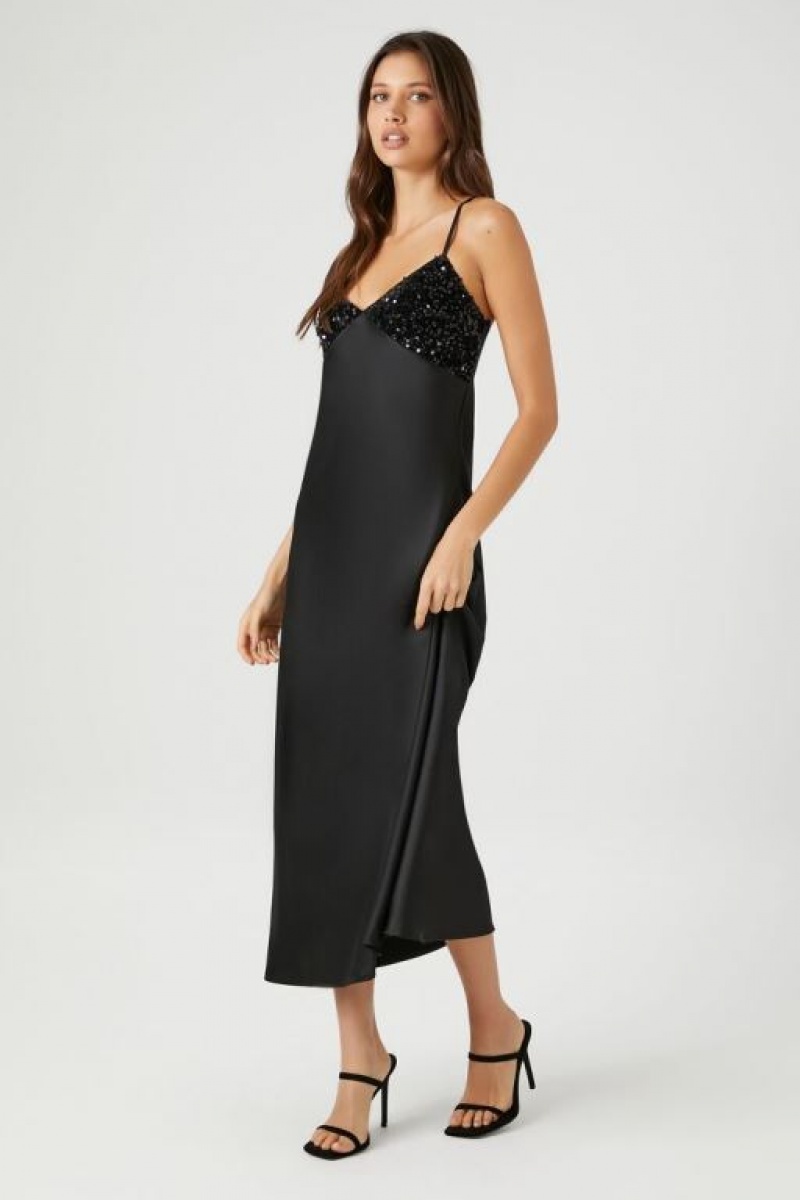 Vestido Forever 21 Sequin Satin Midi Slip Mujer Negras | 5ah9yqEOJ3y