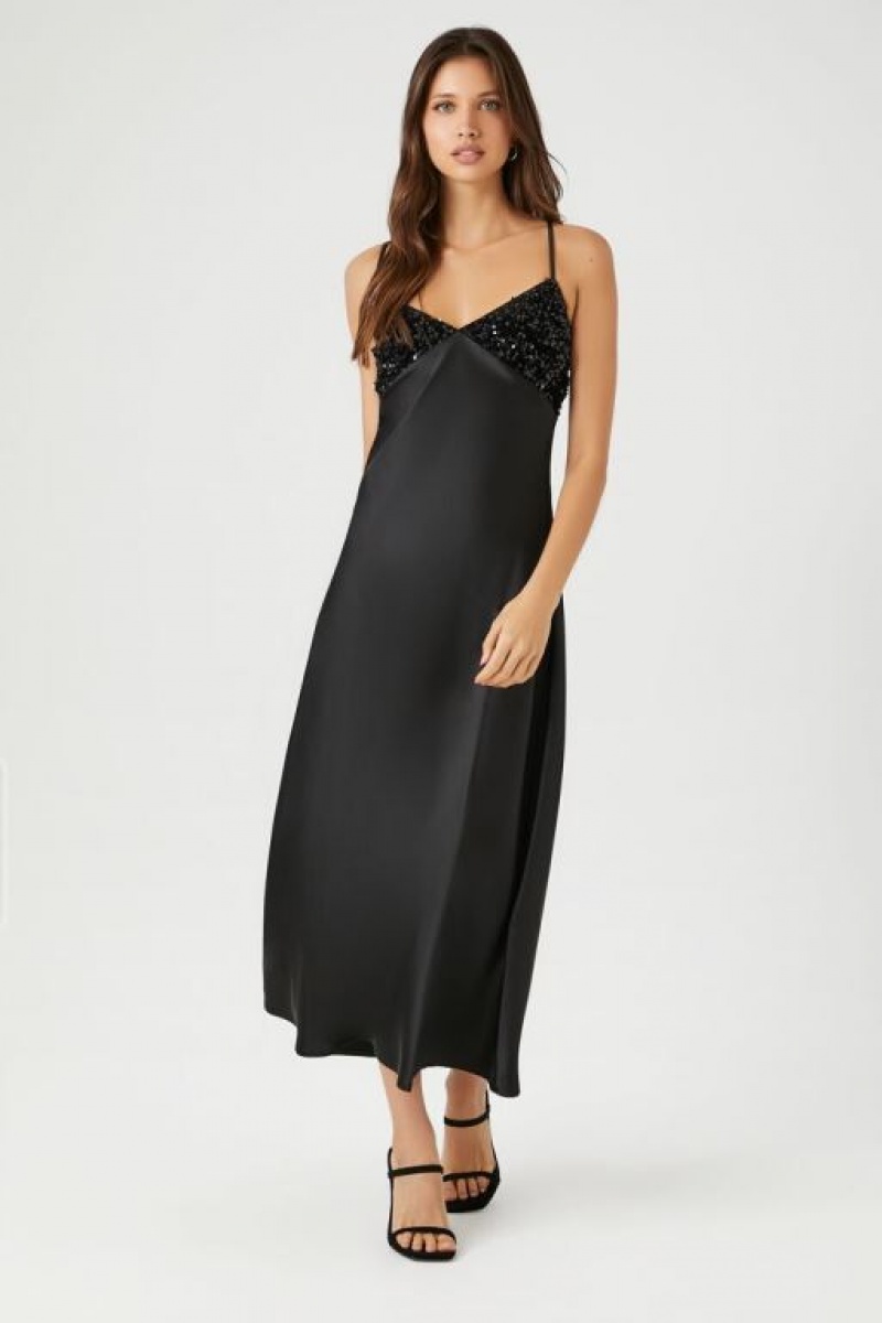 Vestido Forever 21 Sequin Satin Midi Slip Mujer Negras | 5ah9yqEOJ3y