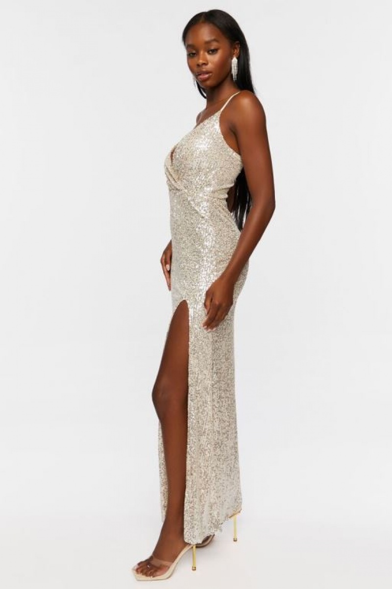 Vestido Forever 21 Sequin Surplice Maxi Mujer Plateadas | olTX9wjHrgi