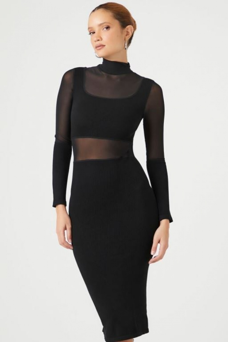 Vestido Forever 21 Sheer Combo Bodycon Midi Mujer Negras | 8XSIqhpjkfT