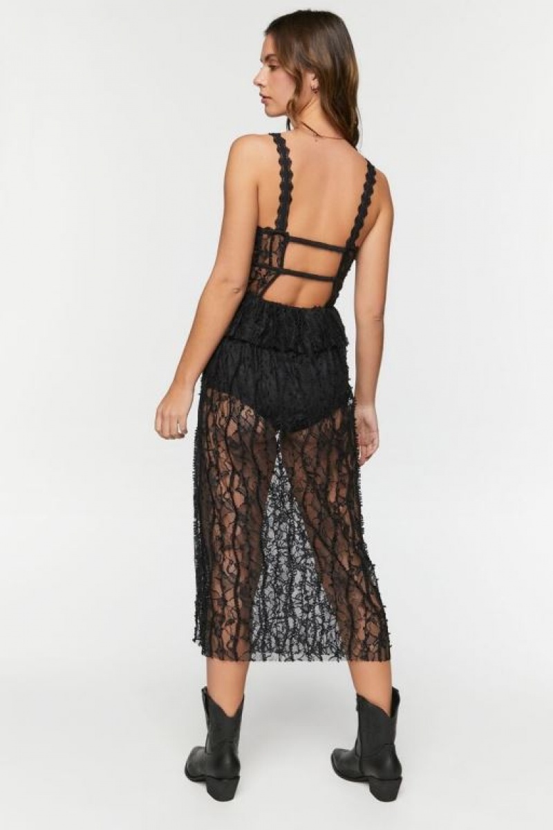 Vestido Forever 21 Sheer Lace Slit Midi Mujer Negras | zyr4aasas3t