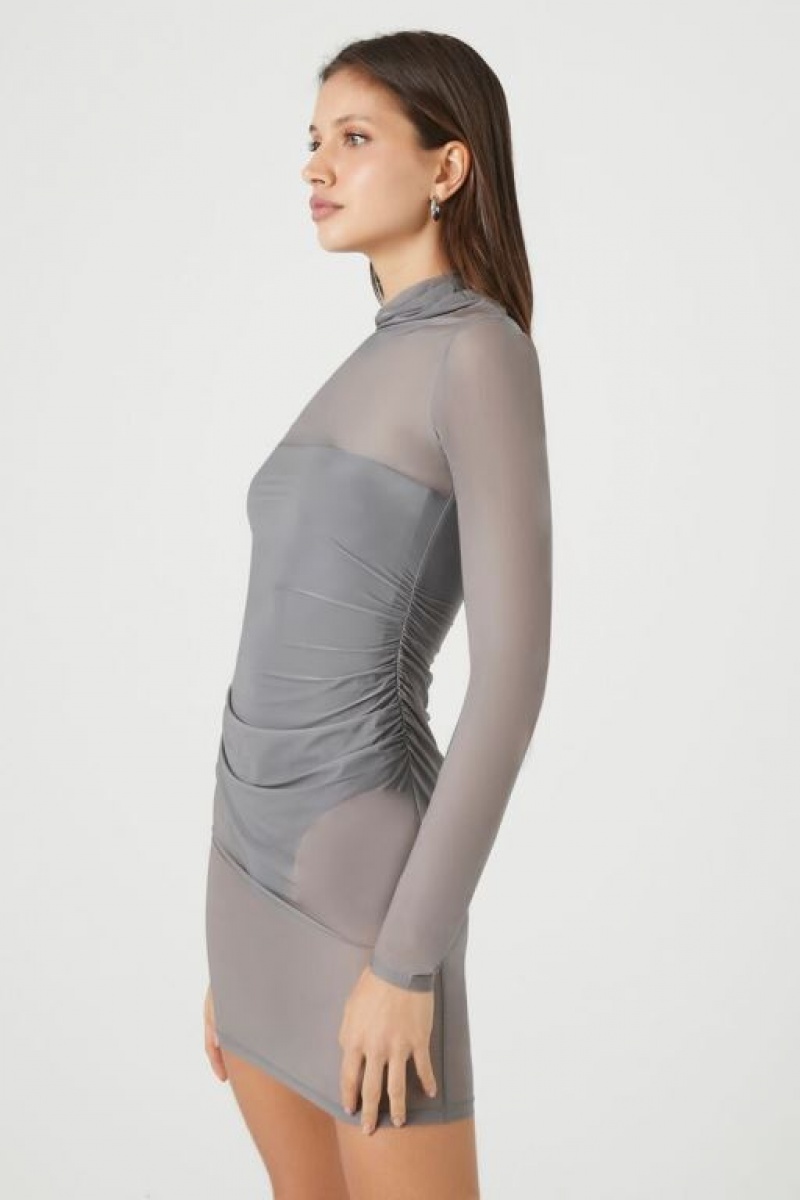 Vestido Forever 21 Sheer Ruched Mini Mujer Gris Oscuro | 7PTfyKGtCqm