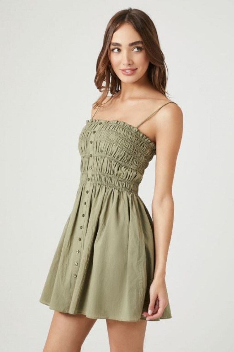 Vestido Forever 21 Shirred Cami Mini Mujer Verde Oliva | vPJmgeleYh3