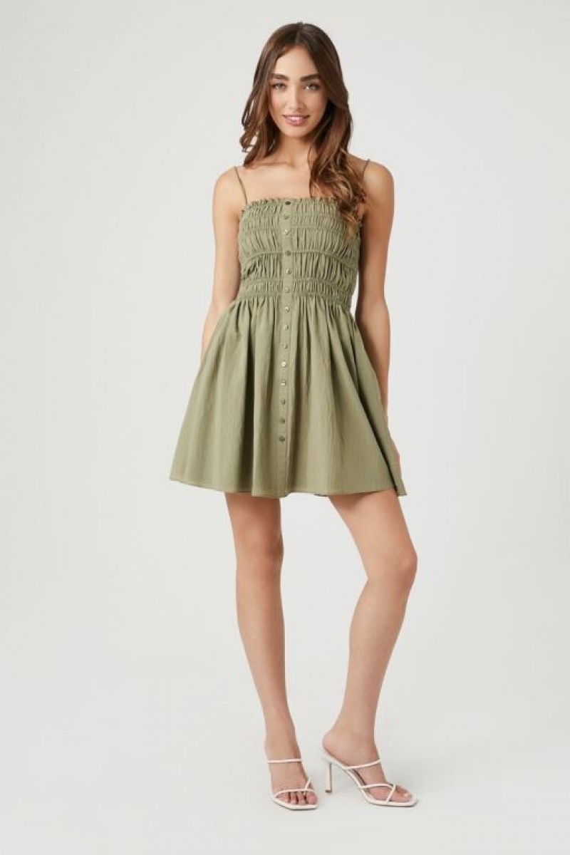 Vestido Forever 21 Shirred Cami Mini Mujer Verde Oliva | vPJmgeleYh3