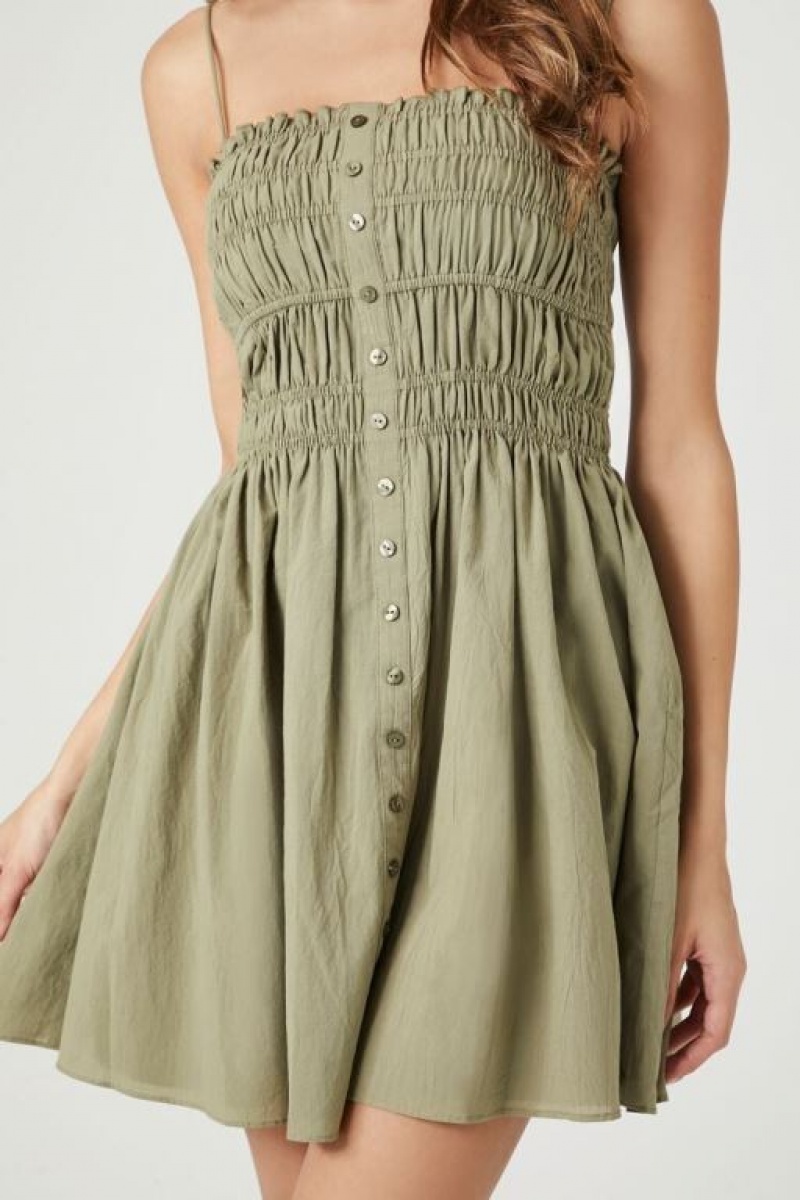 Vestido Forever 21 Shirred Cami Mini Mujer Verde Oliva | vPJmgeleYh3