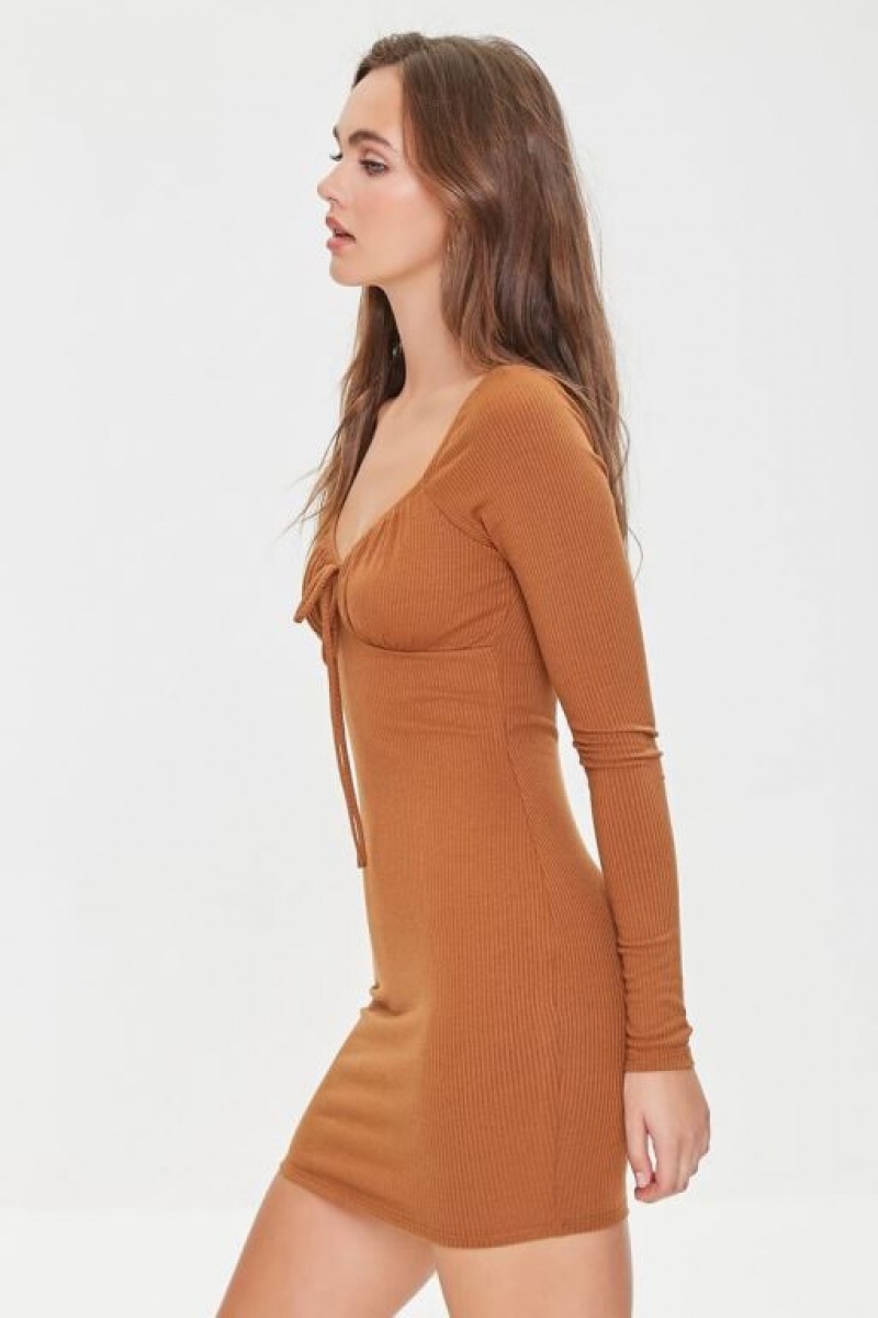 Vestido Forever 21 Shirred Long Sleeve Mini Mujer Marrones | B9G7bJr7RNY