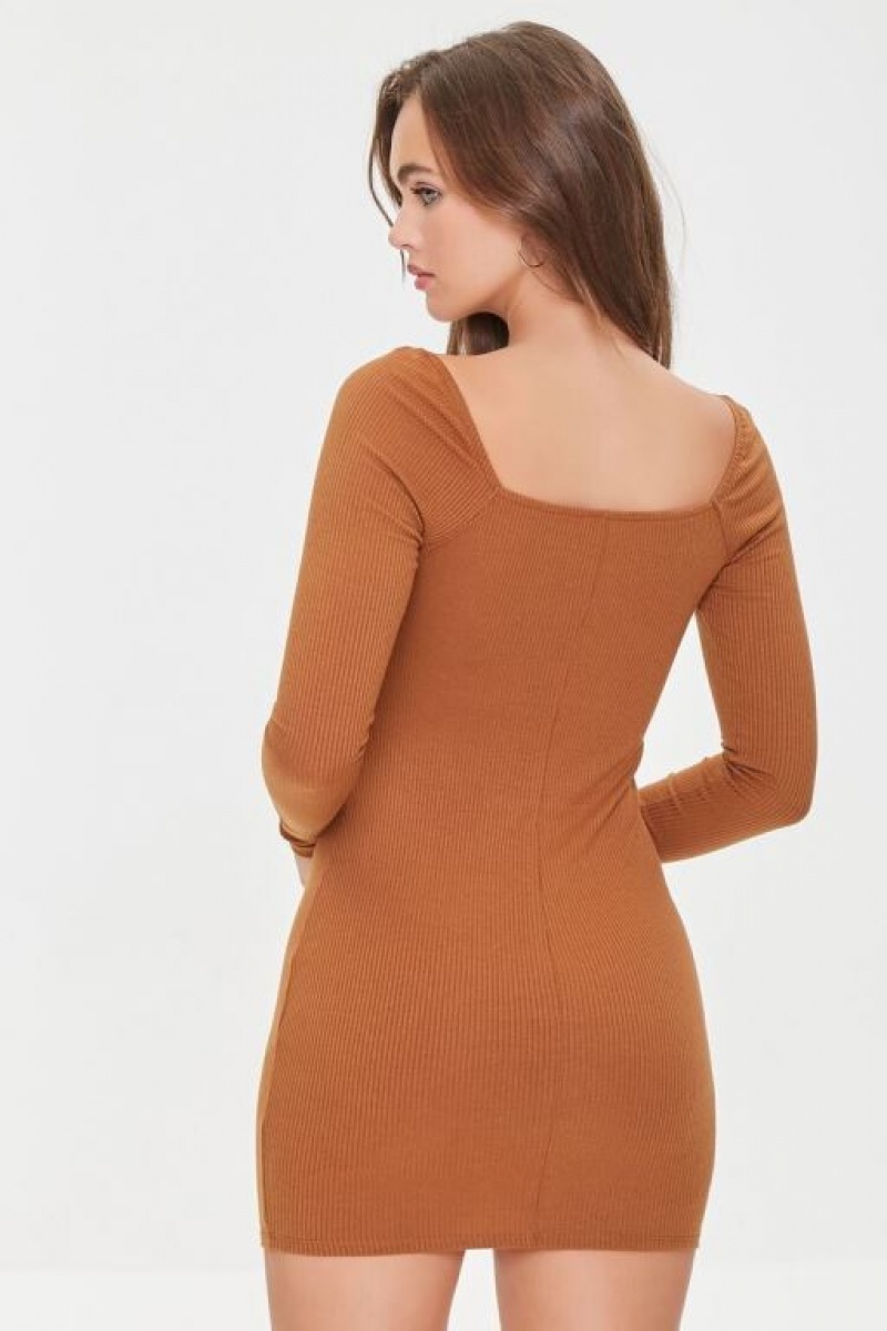 Vestido Forever 21 Shirred Long Sleeve Mini Mujer Marrones | B9G7bJr7RNY