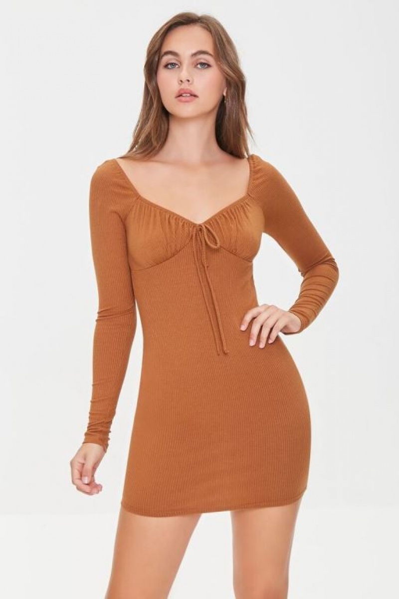 Vestido Forever 21 Shirred Long Sleeve Mini Mujer Marrones | B9G7bJr7RNY