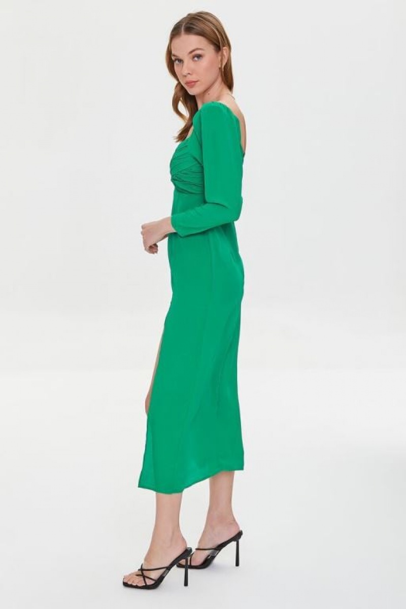 Vestido Forever 21 Shirred Midi Slit Mujer Verde | 3pqDYTJ6Ekx