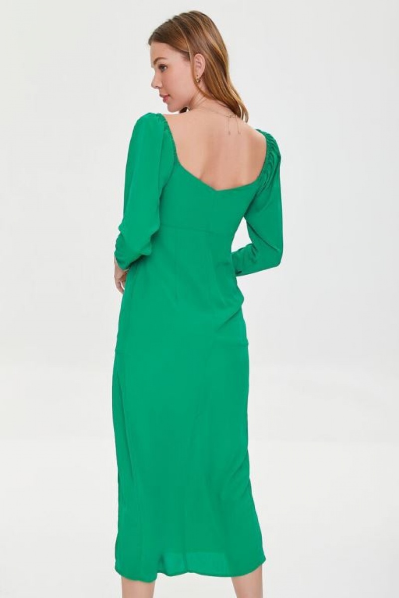 Vestido Forever 21 Shirred Midi Slit Mujer Verde | 3pqDYTJ6Ekx