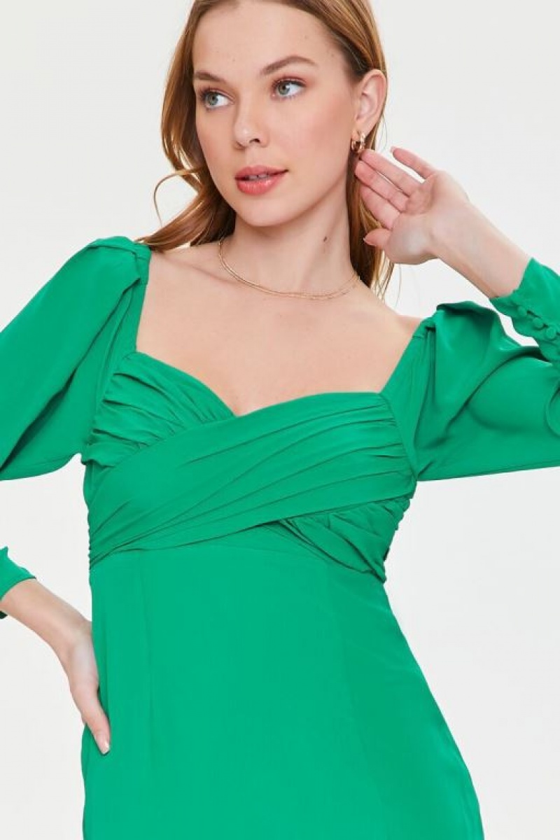 Vestido Forever 21 Shirred Midi Slit Mujer Verde | 3pqDYTJ6Ekx