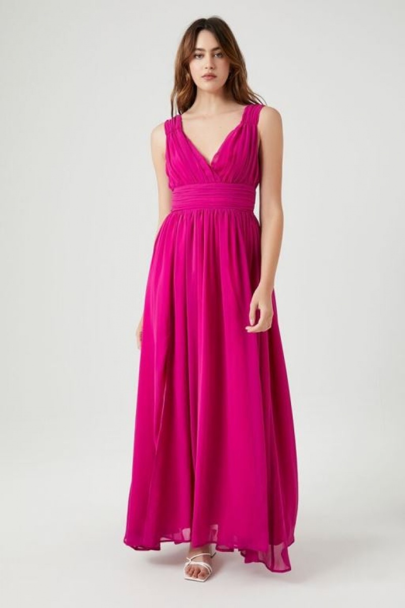 Vestido Forever 21 Shirred Sleeveless Maxi Mujer Rosas Fucsia | xA8KBAWYmw8