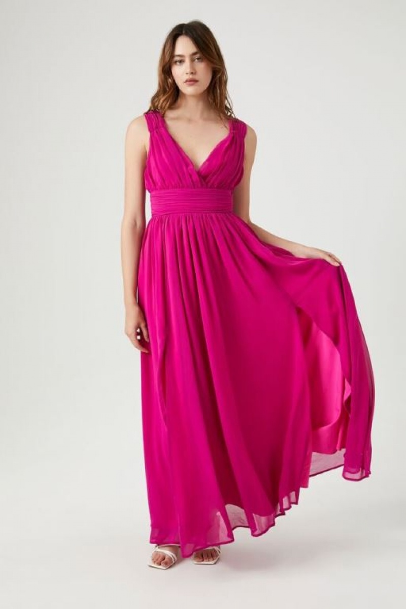 Vestido Forever 21 Shirred Sleeveless Maxi Mujer Rosas Fucsia | xA8KBAWYmw8