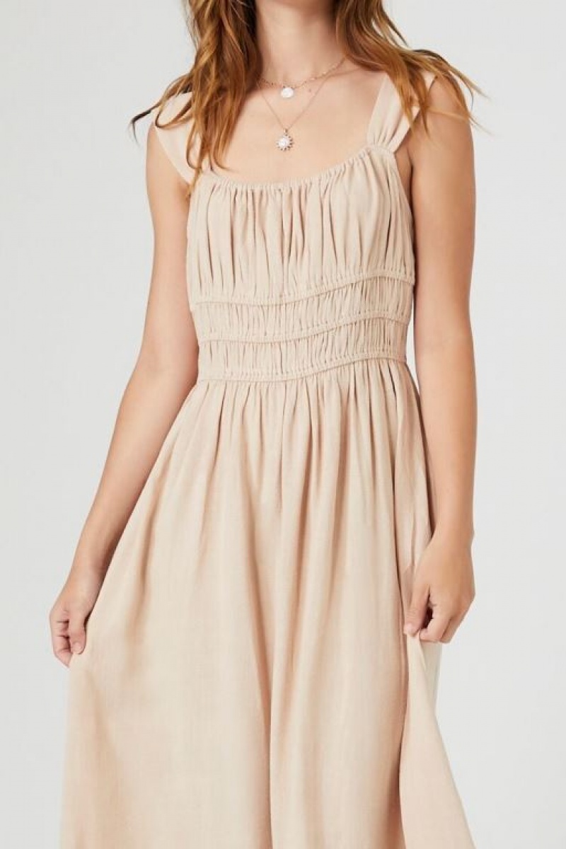 Vestido Forever 21 Shirred Square Neck Midi Mujer Sandshell | ZKfGoYMz5WS