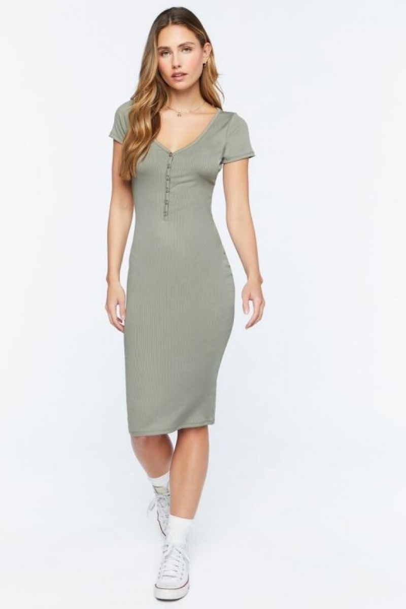 Vestido Forever 21 Short Sleeve Button Front Midi Mujer Verde Oliva | kdzj3ErQVZS