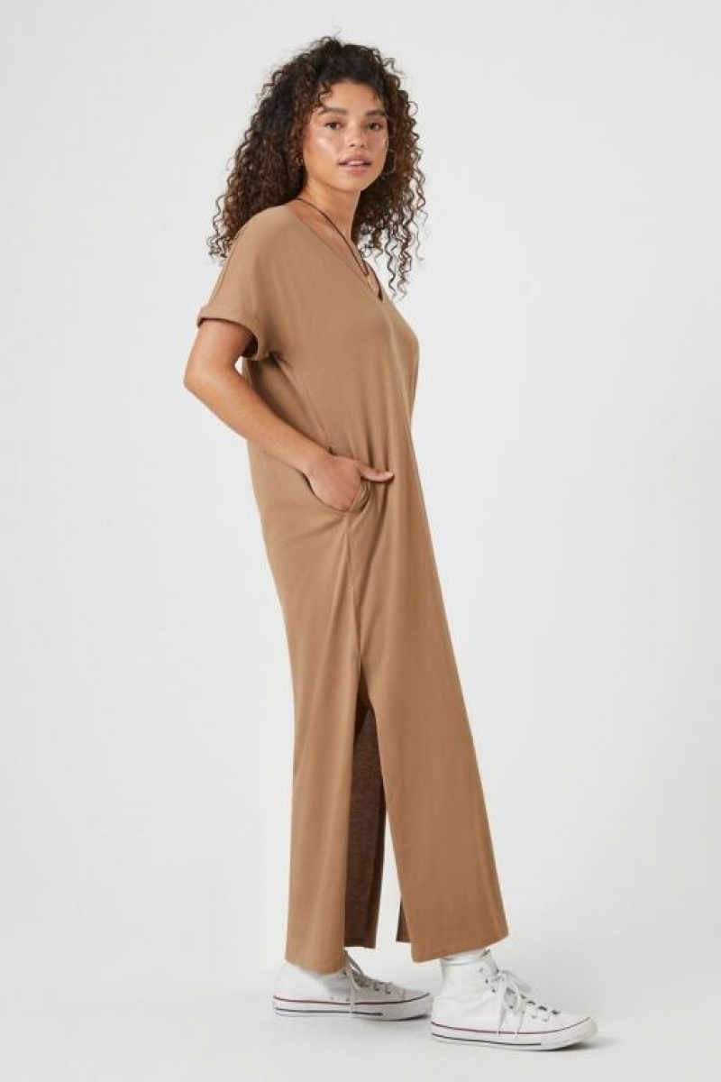 Vestido Forever 21 Side Slit Maxi Mujer Beige | 3gh0GUYru8h