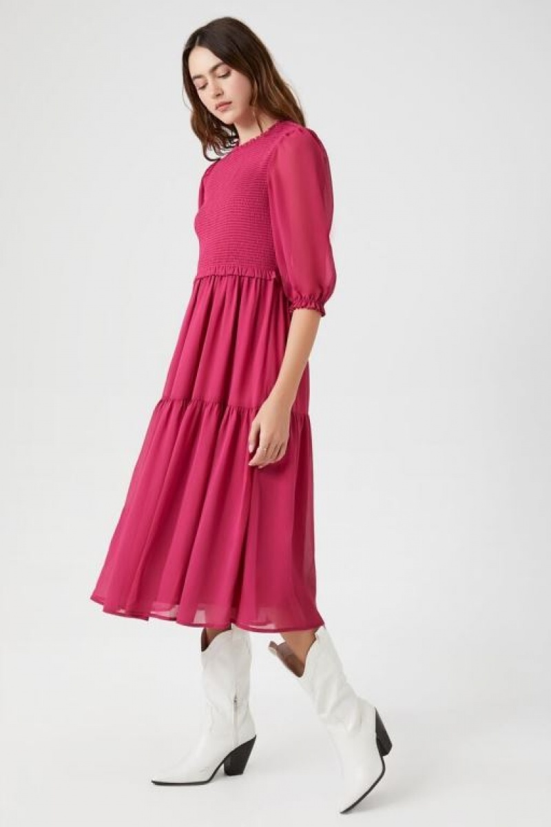 Vestido Forever 21 Smocked Chiffon Peasant Sleeve Mujer Fucsia | NVSTDWtKarj