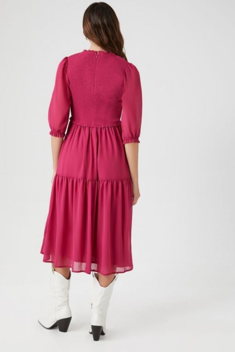 Vestido Forever 21 Smocked Chiffon Peasant Sleeve Mujer Fucsia | NVSTDWtKarj