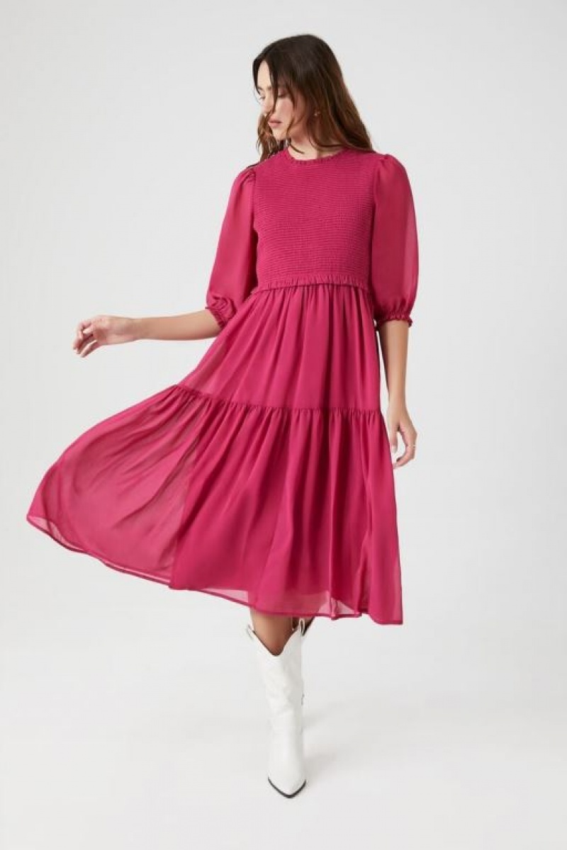 Vestido Forever 21 Smocked Chiffon Peasant Sleeve Mujer Fucsia | NVSTDWtKarj