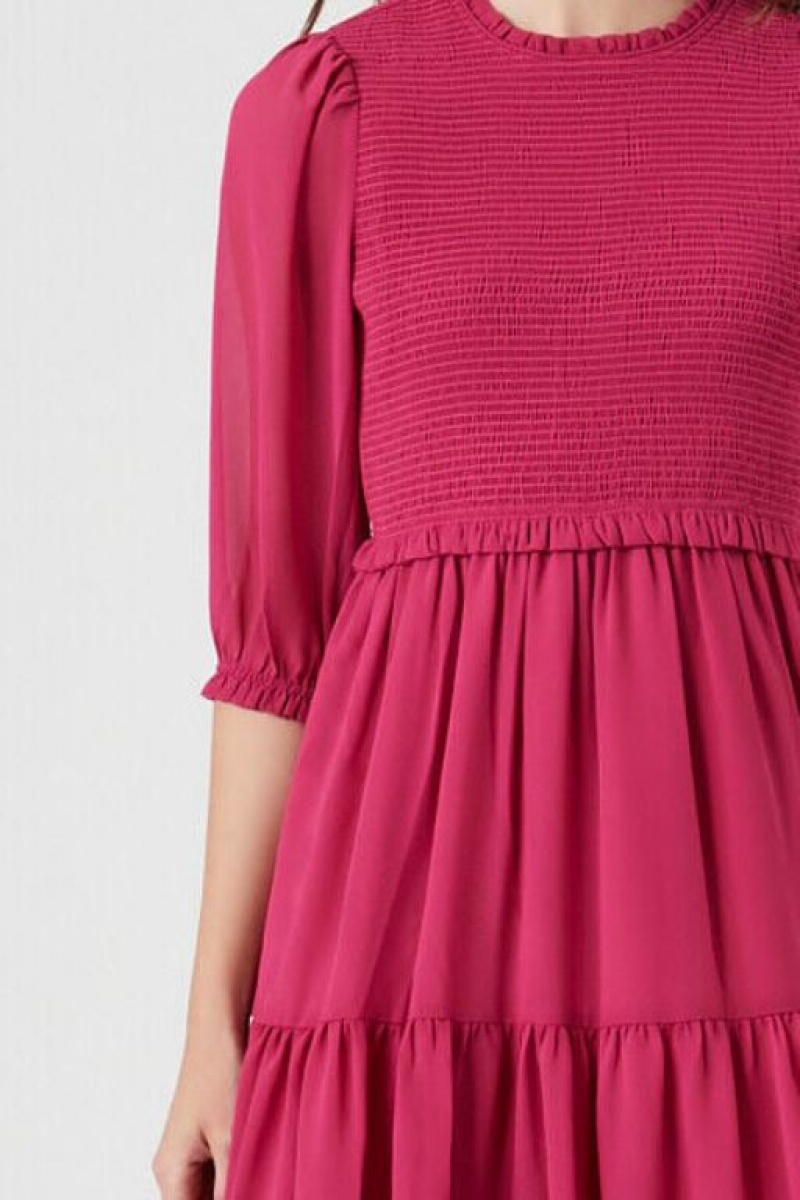 Vestido Forever 21 Smocked Chiffon Peasant Sleeve Mujer Fucsia | NVSTDWtKarj