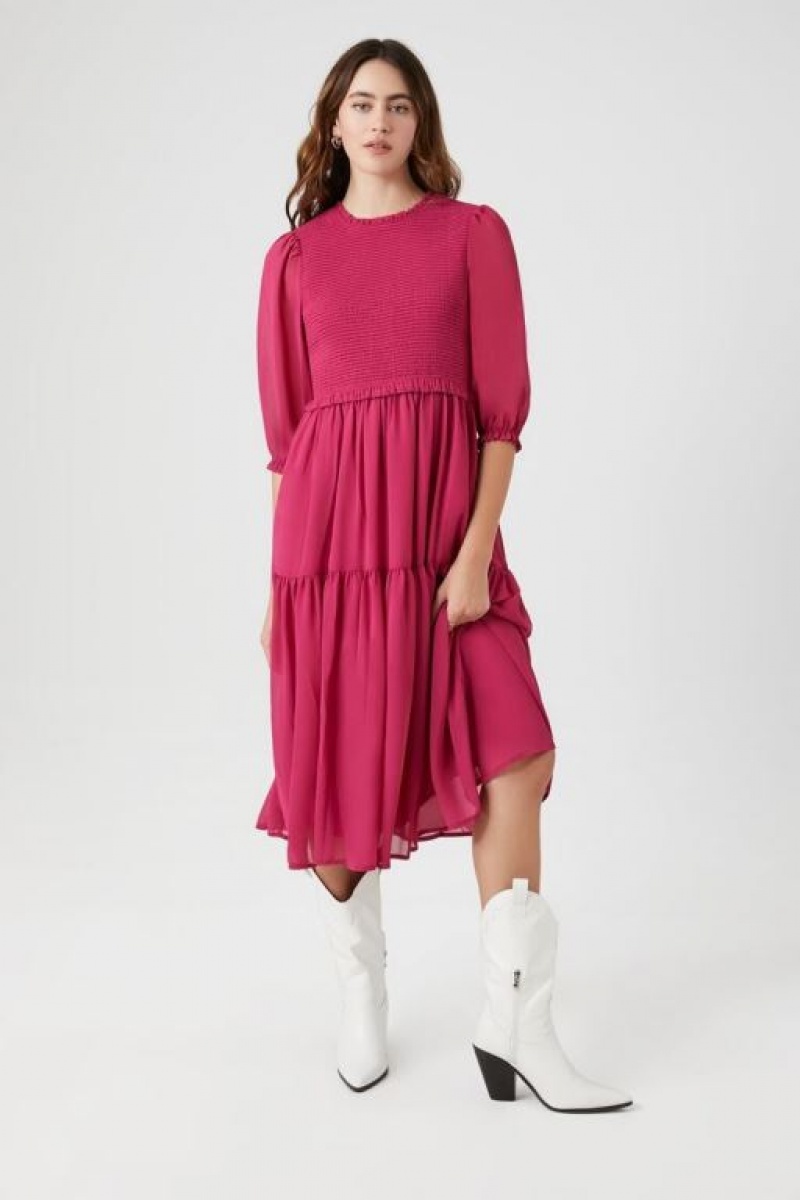 Vestido Forever 21 Smocked Chiffon Peasant Sleeve Mujer Fucsia | NVSTDWtKarj