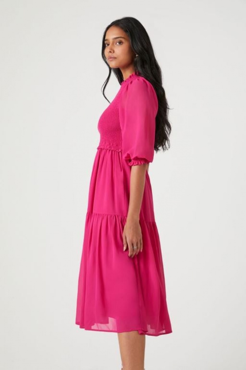 Vestido Forever 21 Smocked Chiffon Peasant Sleeve Mujer Berry | Q2xR17zZRJl