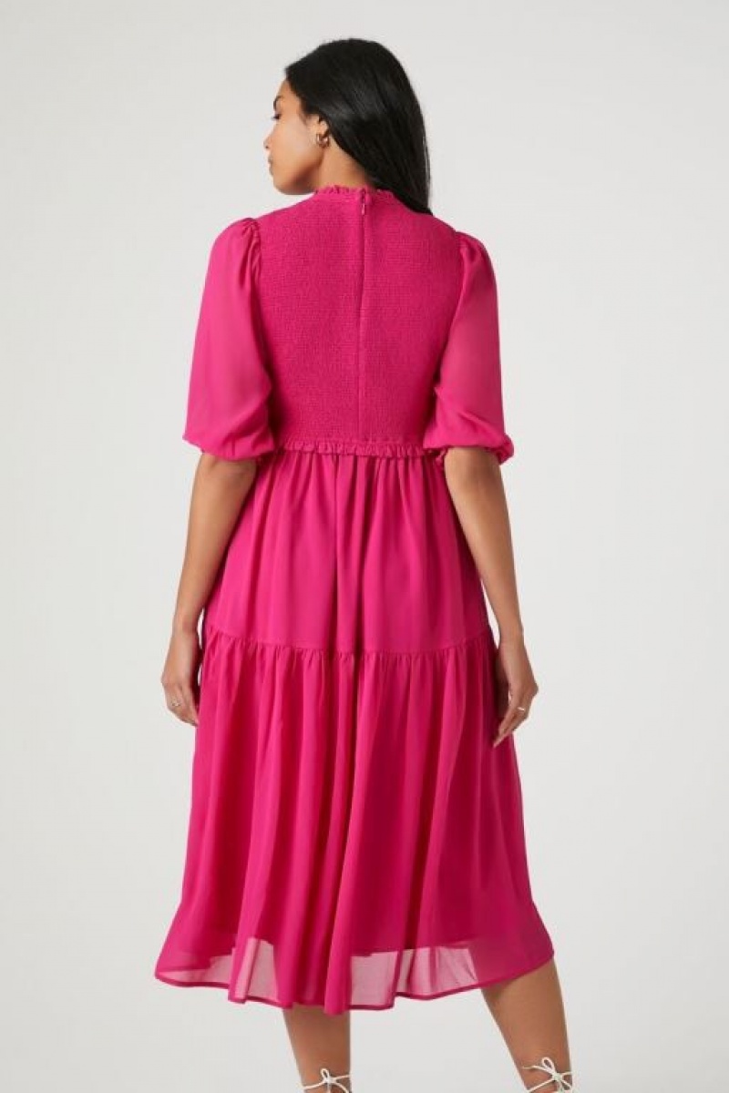 Vestido Forever 21 Smocked Chiffon Peasant Sleeve Mujer Berry | Q2xR17zZRJl