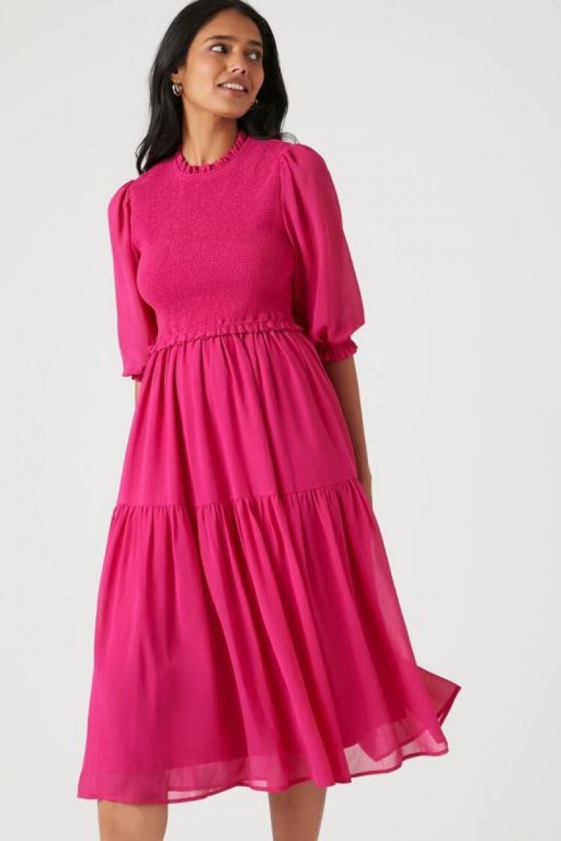 Vestido Forever 21 Smocked Chiffon Peasant Sleeve Mujer Berry | Q2xR17zZRJl